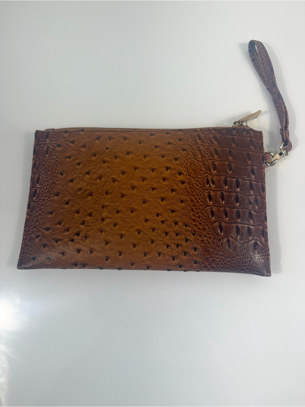 Brown Ostrich Croc Embossed Wristlet Clutch with Gold-Tone Medallion - Picture 3 of 7